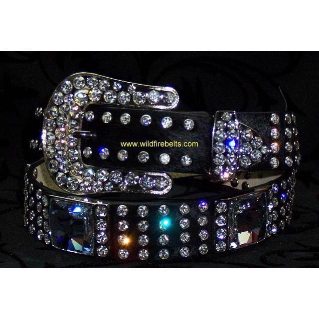 Wildfire Black hair leather belt with large crystals and eye-catchers - Black 30"